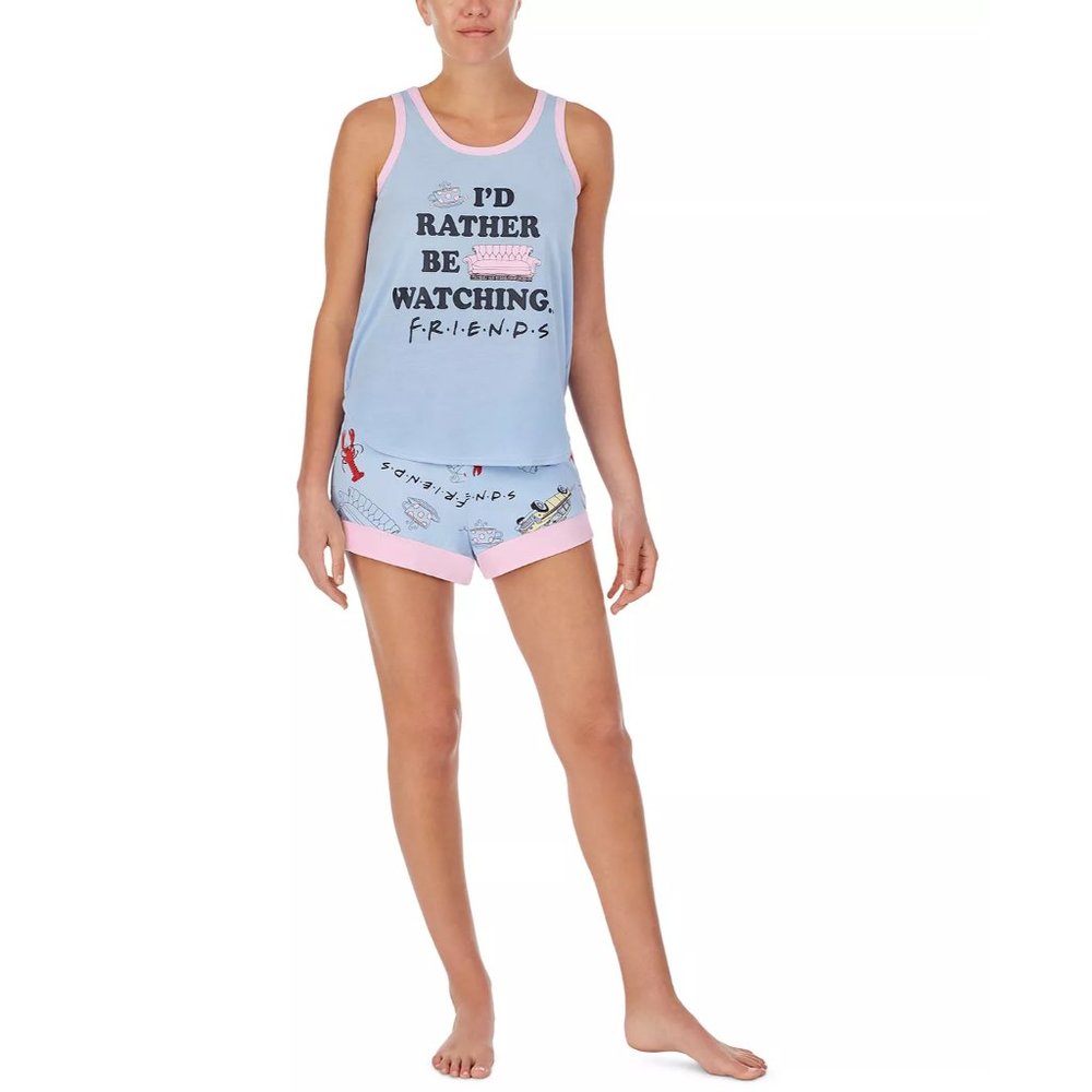 FRIENDS 2-Piece Watching Friends Tank Top & Shorts Pajama Set sz XL X-Large Blue